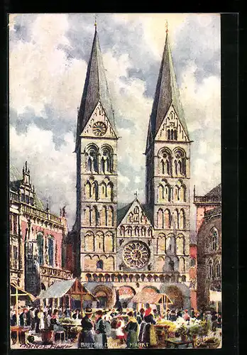 Künstler-AK Charles F. Flower: Bremen, Dom und Markt am Markttag