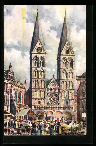 Künstler-AK Charles F. Flower: Bremen, Dom und Markt am Markttag