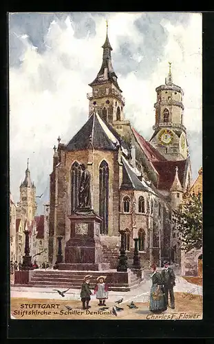 Künstler-AK Charles F. Flower: Stuttgart, Stiftskirche und Schiller Denkmal