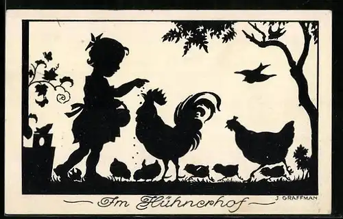Künstler-AK sign. J. Graffmann: Im Hühnerhof, Schattenbild