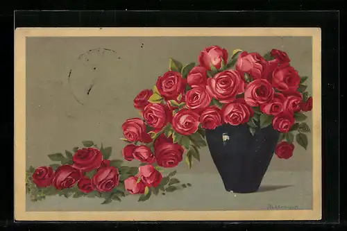 Künstler-AK sign. Ankermann: Vase voller roter Rosen