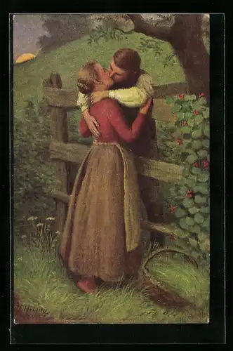 Künstler-AK sign. Adolf Hering: Nachbarskinder beim Kuss