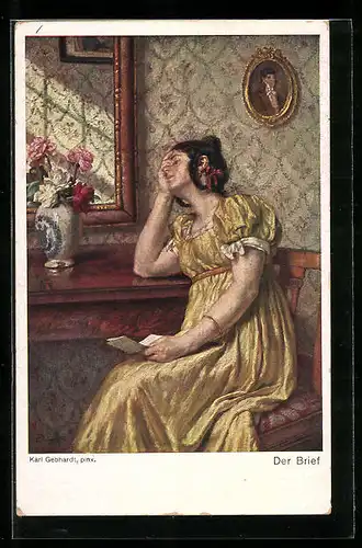 Künstler-AK sign. Karl Gebhardt: Verzweifelte junge Frau mit Brief