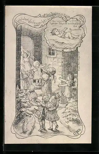 Künstler-AK sign. Olga Burckhardt: Weihnachtsgruss, Kinder, Engel und das Christkind