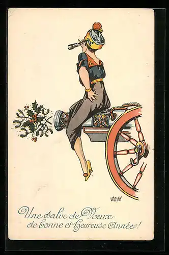 Künstler-AK sign. W. von May: Dame mit Fernrohr auf einer Kanone