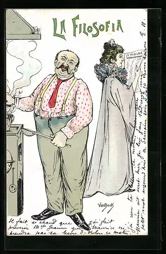 Künstler-AK sign. Vandock: La Filosofia, Mann am Herd, Frau liest die Zeitung