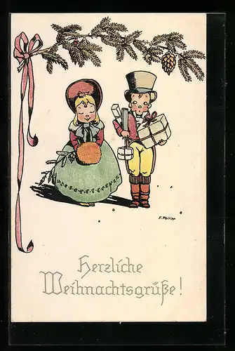 Künstler-AK sign. F. Philipp: Kleines Paar mit Weihnachtseinkäufen