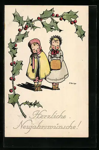 Künstler-AK sign. F. Philipp: Kleine Weihnachtssänger unterm Stechpalmzweig