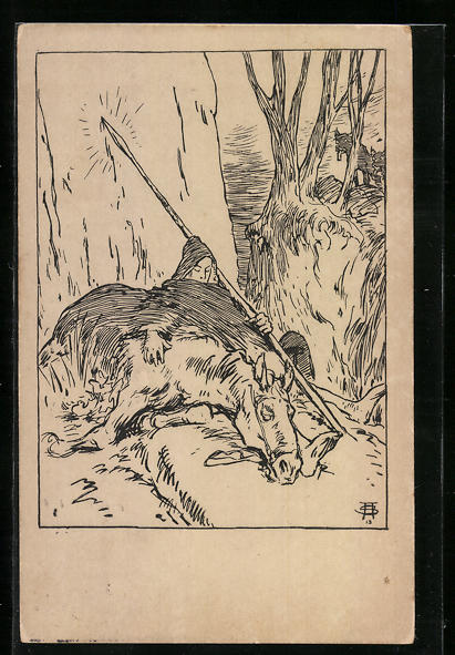 KünstlerAK sign. Arpad Schmidhammer Schlafender Parzival mit Pferd Nr