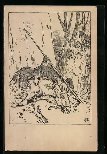 Künstler-AK sign. Arpad Schmidhammer: Schlafender Parzival mit Pferd