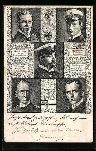 AK Kapitän zur See Meyer-Waldeck, Gouverneur von Kiautschou, Vizeadmiral Graf v. Spee, Ches des Kreuzergeschwaders