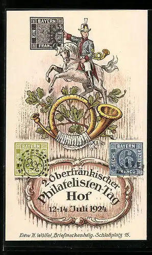 AK Hof, 2. Oberfränk. Philatelisten-Tag 1924, Bote auf Pferd, Posthorn, Briefmarken