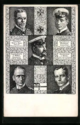 AK Kapitän zur See Meyer-Waldeck, Gouverneur von Kiautschou, Vizeadmiral Graf v. Spee, Ches des Kreuzergeschwaders