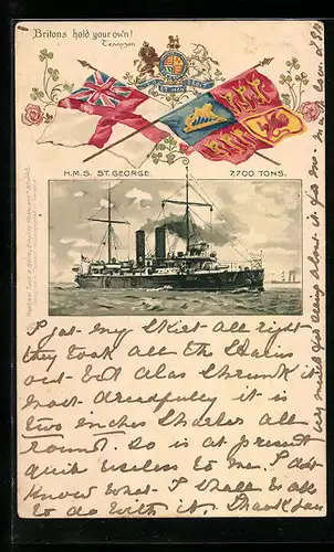 Lithographie Kriegsschiff HMS St. George, Fahnen, Zitat von Tennyson