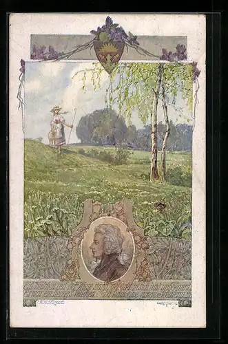 Künstler-AK Deutscher Schulverein Nr. 848: Schafhirtin auf der Weide, Männerportrait