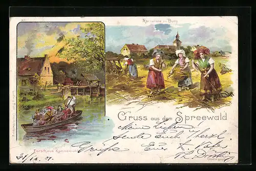 Lithographie Burg /Spreewald, Forsthaus Kannomühle, Frauen bei der Kornernte