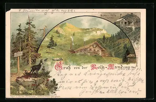 Lithographie Neuhaus / Schliersee, Roth-Wand, Böcklein-Hütte, Steinbock