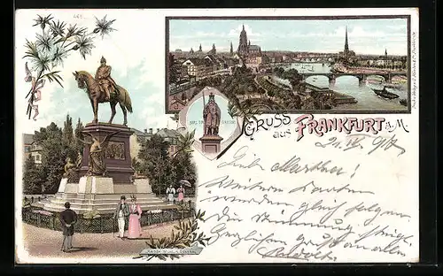 Lithographie Frankfurt a. M., Kaiser Wilhelm Denkmal, Karl der Grosse, Ortsansicht mit Flusspartie