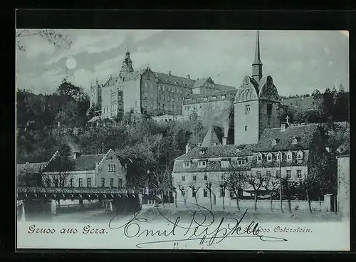 Mondschein-AK Gera, Blick auf Schloss Osterstein