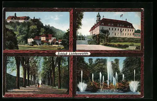 AK Lichtenwalde, Blick auf das Schloss mit Allee und Brunnen