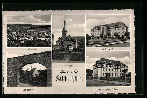 AK Schlüchtern, Ortsansicht mit Kloster, Volksschule und Landwirtschaftl. Schule