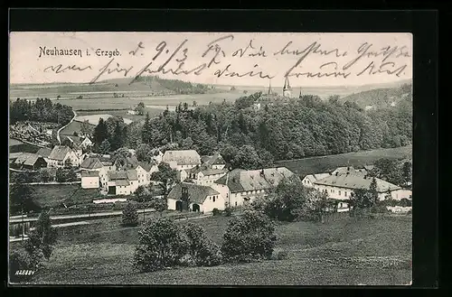 AK Neuhausen i. Erzgeb., Ortsansicht aus der Vogelschau