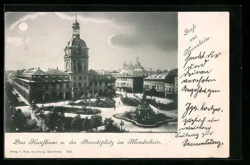 Mondschein-AK Mannheim, Kaufhaus und Paradeplatz im Vollmondlicht