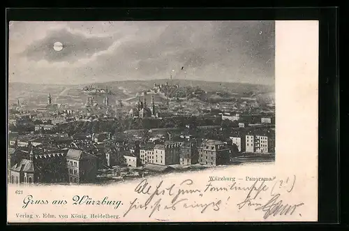 Mondschein-AK Würzburg, Panorama vom Ort