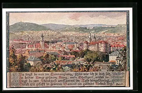 Künstler-AK Stuttgart, Ortsansicht aus der Vogelschau