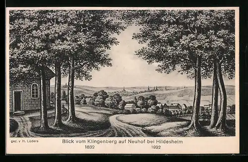 Künstler-AK Neuhof /Marienrode, Blick vom Berggasthaus Klingenberg nach Neuhof