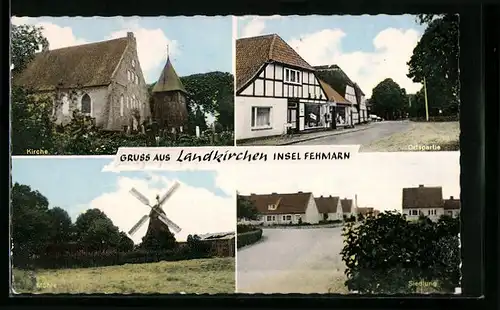 AK Landkirchen /Insel Fehmarn, Ortspartie mit Kirche und Mühle