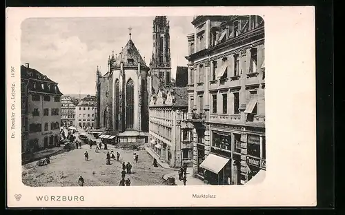 AK Würzburg, Marktplatz mit Geschäften und Kirche