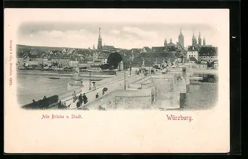 AK Würzburg, Alte Brücke und Teilansicht