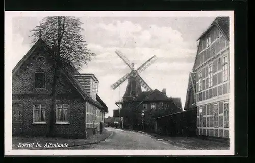 AK Borstel im Altenlande, Backsteinhäuser mit Windmühle