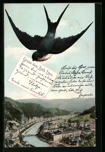AK Bad Ems, Ortsansicht mit Schwalbe