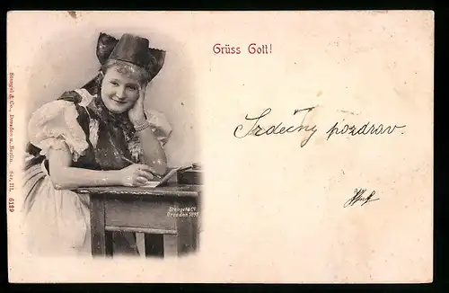 Relief-AK Mädchen in Tracht schreibt einen Brief