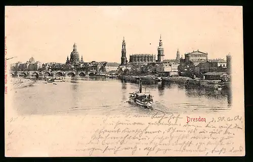 Relief-AK Dresden, Dampfer vor Stadtkulisse