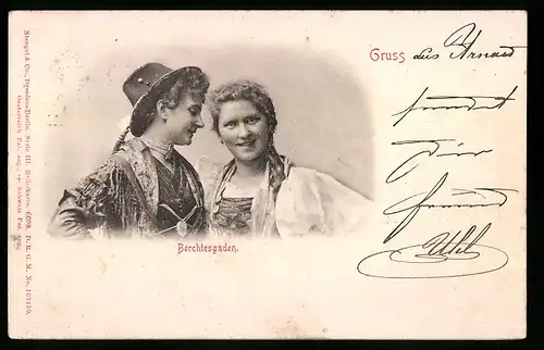 Relief-AK Gruss eines bayerischen Paares aus Berchtesgaden, bayerische Tracht