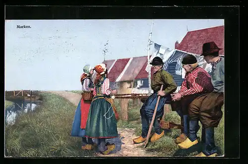 Künstler-AK Photochromie Nr. 2966: Marken, Flirtende Kinder am Ufer eines Flusses