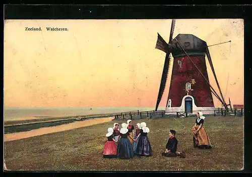 Künstler-AK Photochromie Nr. 2934: Zeeland, Walcheren, Windmühle, Mädchen im Ringelreihen