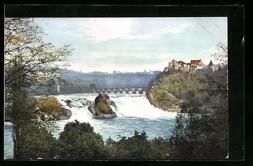 Künstler-AK Photochromie Nr. 3023: Rheinfall gegen Brücke