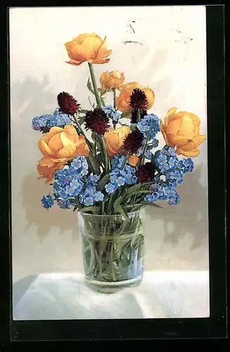 Künstler-AK Photochromie Nr. 874: Bunter Frühlingsstrauss in der Vase