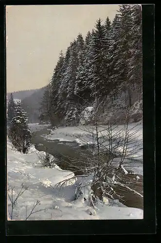 Künstler-AK Photochromie Nr.2090: Flusspartie im Schnee
