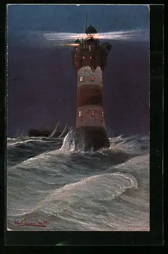 Künstler-AK Rote-Sand-Leuchtturm bei Nacht