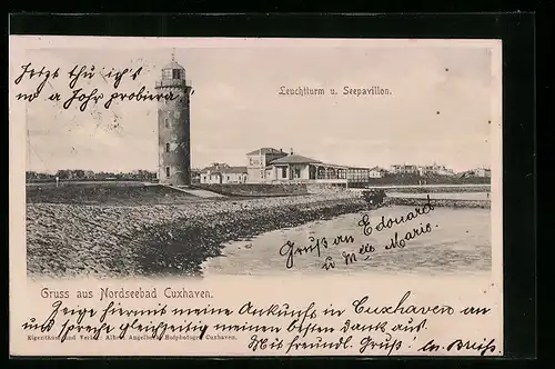 AK Cuxhaven, Blick zum Leuchtturm und zum Seepavillon