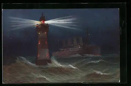 AK Rote-Sand-Leuchtturm an der Wesermündung bei Nacht