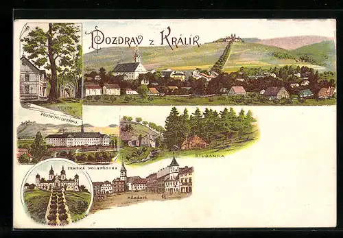 Lithographie Kraliky, Zemská Polepsovna, Námesti, Studánka, Poutnimu Chrámu, Vchod