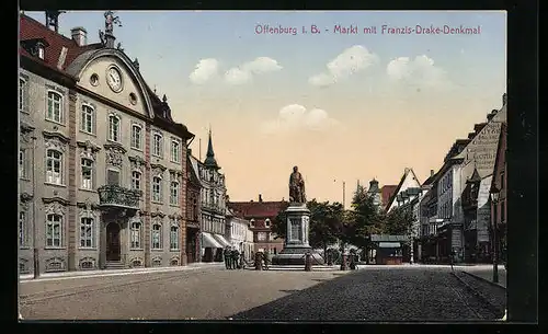 AK Offenburg i. B., Markt mit Franzis-Drake-Denkmal