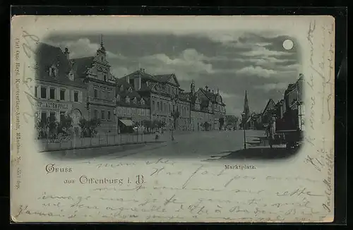 Mondschein-AK Offenburg i. B., Marktplatz im Vollmondlicht