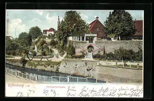 AK Offenburg i. B., Zwingeranlagen u. Gasthaus Kopf-Garten